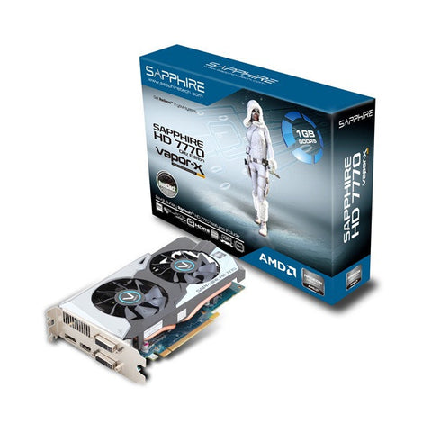 Sapphire AMD Radeon HD 7770 Vapor-X PCI-Express x16 3.0, GDDR5 1GB, 128-Bit, GPU:1100MHz / Mem:5200MHz, DVI x2, HDMI x1, DisplayPort x1, DirectX 11
Dual Slot ATX, Vapor-X Cooling, Black diamond choke, AMD Avivo HD, AMD PowerTune, HD3D, AMD Stream, AMD Eye