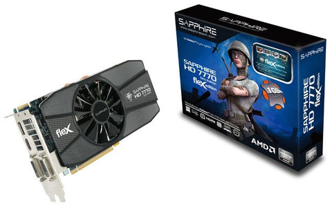 Sapphire AMD Radeon HD 7770 GHz Edition Flex PCI-Express x16 3.0, GDDR5 1GB, 128-Bit, GPU:1000MHz / Mem:4500MHz, DVI x2, HDMI x1, DisplayPort x1, DirectX 11
Dual Slot ATX, Black diamond choke, AMD Avivo HD, AMD PowerTune, HD3D, AMD Stream, AMD Eyefinity,