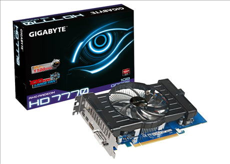 Gigabyte AMD Radeon HD7770 - GV-R777OC-1GD- 1024MB GDDR5, 128-Bit Memory Bus, PCI-Express 3.0 (x16) Connections : 1x DVI-I , 2x Mini Display Port, 1x HDMI Core: 1100MHz / Memory: 5000MHz , DirectX 11, Dual-Slot, CrossFireX Ready, Eyefinity, Overclocked
