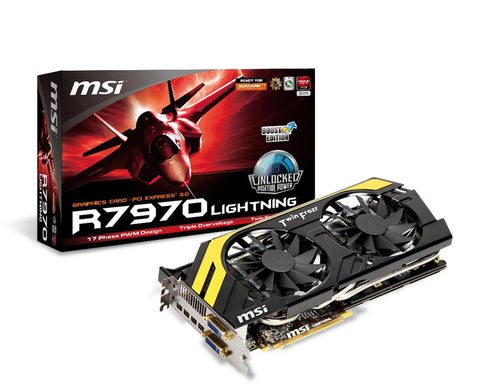 MSI AMD Radeon HD 7970 Lightning BE PCI-Express x16 3.0, GDDR5 3GB, 384-Bit, GPU:1070MHz (Boost:1150MHz) / Mem:5600MHz, DVI x2, Mini DisplayPort x4
Dual Slot ATX, MSI Afterburner, All Solid Capacitors, Blu-Ray Support, AMD Stream, AMD HD3D, AMD Eyefinity