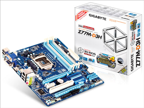 Gigabyte  Z77M-D3H: Z77 Express Chipset: Socket LGA1155, 2.5GT/s DMI, Supports: Intel Core I7, Core I5, Core I3, Pentium and Celeron Processors, 4x DDR3-1333+ Slots (Dual Channel - 32GB Max), 4x SATA2, 2x SATA3, 10x USB 2.0 (4 On Back Panel, 6x Cable), 4x