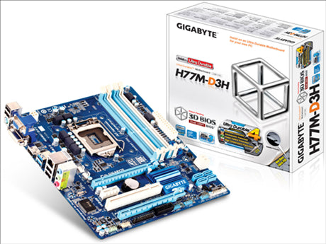 Gigabyte H77M-D3H: H77 Express Chipset: Socket LGA1155, 2.5GT/s DMI, Supports: Intel Core I7, Core I5, Core I3, Pentium and Celeron Processors, 4x DDR3-1333+ Slots (Dual Channel - 32GB Max), 4x SATA2, 2x SATA3 (RAID 0, 1, 5, 10), 10x USB 2.0 (4 On Back Pa
