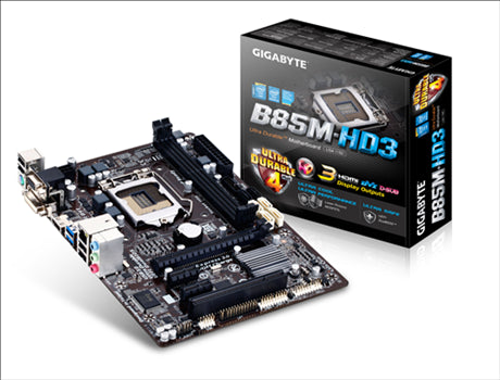 Gigabyte GA-B85M-HD3 LGA 1150 Intel B85 HDMI SATA 6Gb/s uATX  Motherboard-Socket LGA 1150, 2.5GT/s DMI, Supports: Intel Core I7,Core I5, Core I3, 2x DDR3-1333+ Slots (Dual Channel - 16GB Max), 2x SATA2, 4x SATA3, 8x USB 2.0(4 On Back Panel, 4x Cable), 4x
