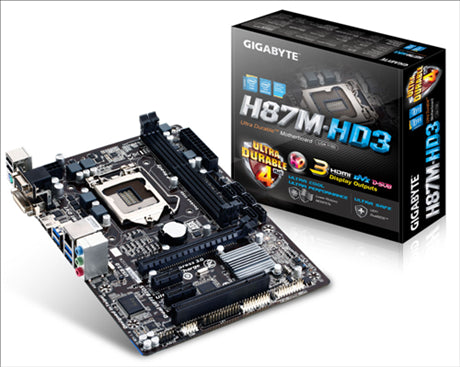 Gigabyte GA-H87M-HD3, Intel H87, S 1150, DDR3, SATA III, SATA RAID, PCIe 3.0 (x16) D-Sub/DVI-D/HDMI, MATX -  Supports 4th Generation Intel Core processors  GIGABYTE Hybrid Digital Power Engine  GIGABYTE UEFI DualBIOS  Gold plated CPU Sockets  GIGABYTE On/