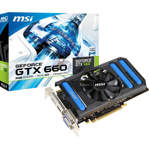 MSI nVidia GeForce GTX660 PCI-Express x16 3.0, GDDR5 2GB, 128-Bit, GPU:1006MHz (1072MHz Boost) / Mem:6008MHz, DVI x2, 1x DisplayPort, HDMI x1, DirectX 11
Dual Slot ATX, MSI Afterburner, All Solid Capacitors, PhysX by NVIDIA, 3D Vision Surround, Single fan