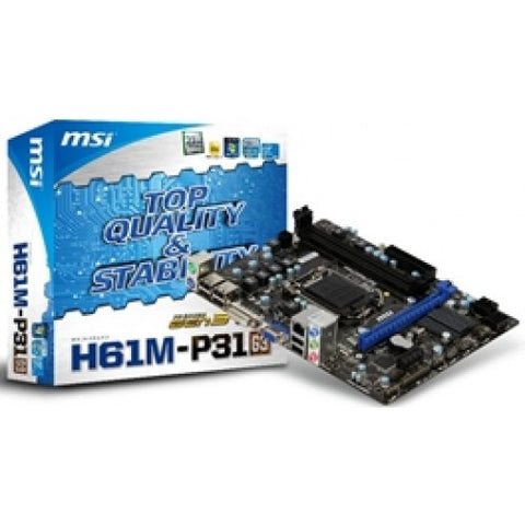 MSI Intel H61M-P31/W8 H61 Chipset, Socket 1155 @ 100MHz FSB, 3rd Gen Core i3 / i5 / i7/Pentium/Celeron Support, DDR3 1066/1333, 2x DIMM Dual Channel Slots (16GB)
4x SATA2, 1x PCI-E (x16) Gen 3.0, 1x PCI-E (x1), NO PCI-32Bit, 1740MB Max Shared Graphics, 6x