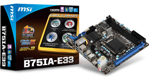MSI Intel B75IA-E33 B75 Chipset, Socket 1155, Core i7 Support, DDR3 Up To 2400MHz(OC), Dual Memory Channel, 2x DIMM slots, (MAX 16GB)
1x PCI-E x16 Gen 3.0, 3x SATA II, 1x SATA III, 4x USB 2.0, 2x USB 3.0, Mini-ITX Form Factor, 1x VGA + 1x DVI + 1x HDMI, T