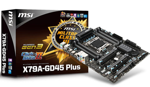 MSI Intel X79A-GD45 PLUS X79 Chipset, Socket 2011, Core i7 Support, DDR3 Up To 2400MHz(OC), Quad Memory Channel, 8x DIMM slots, (MAX 128GB)
5x PCI-E x16 (3x Gen 3.0 / 2x Gen 2.0), 1x PCI-Ex1, 4x SATA II, 2x SATA III, 6x USB 2.0, 2x USB 3.0, 3-Way NVIDIA S