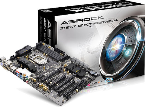 ASRock Extreme 4 Intel Z87 Chipset, Socket 1150 @ 100MHz FSB, 4th Gen Core i7/i5/i3/Pentium/Celeron, DDR3 Up To 2933+(OC), Dual Memory Channel, 4x DIMMs (Max 32GB)
8x SATA3+ 2x SATA2, 1x eSATA, 3x PCI-E 3.0 x16, 1x PCI-E 2.0 x1, 1x Mini-PCI Express, Intel