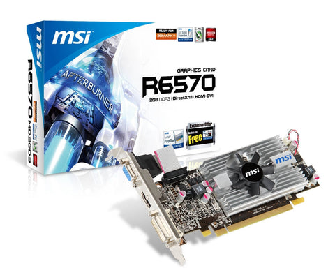 MSI AMD Radeon HD 6570 PCI-Express x16 2.1, GDDR3 2GB, 128-Bit, GPU:650MHz / Mem:1334MHz, DVI x1, D-Sub x1, HDMI x1, DirectX 11
MSI Afterburner, All Solid Capacitors, Blu-Ray Support, AMD Stream, AMD HD3D"