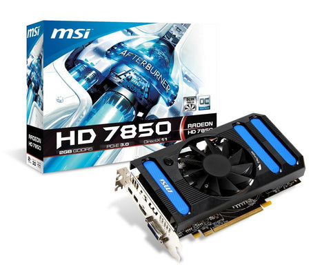 MSI AMD Radeon HD 7850 PCI-Express x16 3.0, GDDR5 1GB, 256-Bit, GPU:900MHz / Mem:4800MHz, DVI Output x1, HDMI x1, Mini DisplayPort x2, DirectX 11
Dual Slot ATX, MSI Afterburner, All Solid Capacitors, Blu-Ray Support, AMD Stream, AMD HD3D, AMD Eyefinity, A