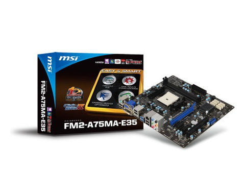 MSI AMD A75MA-E35 chipset, Supports AMD Richland APU (A10/A8/A6/A4), DDR3 1066/1333/1600/1866/2133, Dual Memory Channel, 2x DIMM Slots (Max 16GB)
6x SATA3, 1x PCI-E (x16), 2x PCI-E (x1), 1x PCI-32Bit, 6x USB 2.0 Ports, 2x USB 3.0 Ports, Dual Graphics, RAI