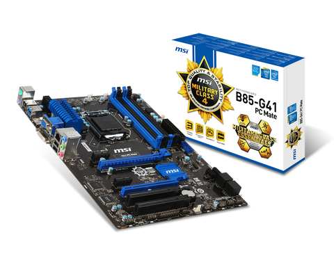 MSI Intel B85-G41 PC Mate B85 Chipset, Socket 1150 @ 100MHz FSB, 4th Gen Core i3/i5/i7/Pentium/Celeron Support, DDR3 1333 (1600MHz Max OC), 4x DIMM Dual Channel (32GB)
4x SATA3 + 2x SATA2, 2x PCI-E (x16), 2x PCI-E (x1), 2x PCI, 4x USB 2.0 + 2x USB 3.0 Por
