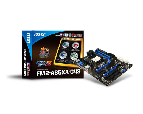 MSI AMD A85XA-G43 chipset, Supports AMD Richland APU (A10/A8/A6/A4), DDR3 1066/1333/1600/1866/2133, Dual Memory Channel, 4x DIMM Slots (Max 64GB)
8x SATA3, 2x PCI-E (x16 + x4), 3x PCI-E (x1), 2x PCI-32Bit, 4x USB 2.0 Ports, 2x USB 3.0 Ports, Dual Graphics