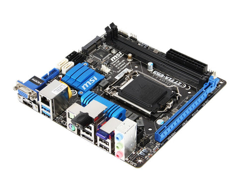 MSI Intel Z77IA-E53 Z77 Chipset, Socket 1155, Core i7 Support, DDR3 Up To 2800MHz(OC), Dual Memory Channel, 2x DIMM slots, (MAX 16GB)
1x PCI-E x16 Gen 3.0, 2x SATA II, 2x SATA III, 4x USB 2.0, 2x USB 3.0, Mini-ITX Form Factor, 1x VGA + 1x HDMI, 1x eSATA P