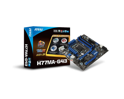 MSI Intel H77MA-G43 H77 Chipset, Socket 1155 @ 100MHz FSB, 3rd Gen Core i3 / i5 / i7/Pentium/Celeron Support, DDR3 1066-2400, 4x DIMM Dual Channel Slots (32GB)
4x SATA2, 2x SATA3, 2x PCI-E (x16) 1x Gen 3.0, 2x PCI-E (x1), 1760MB Max Shared Graphics, 4x US