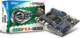 MSI AMD 990FXA-GD65 990FX+SB950 Chipset, Socket AM3+, DDR3 800/1066/1333/1600/1866/2133, Dual Memory Channel, 4x DIMM Slots (Max 32GB)
6x SATA3, 2x PCI-E (x16), 4x PCI-E (x1), 1x PCI-32Bit, LAN Port*1, 2x USB 3.0 Ports, 8x USB 2.0 Ports, AMD CrossfireX +