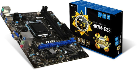MSI Intel H87M-E33 H87 Chipset, Socket 1150 @ 100MHz FSB, 4th Gen Core i3/i5/i7/Pentium/Celeron Support, DDR3 1333 (1600MHz Max OC), 2x DIMM Dual Channel (16GB)
4x SATA3, 1x PCI-E x16 (Gen 3.0), 1x PCI-E (x1), 4x USB 2.0 + 2x USB 3.0 Ports, 3x Audio Ports
